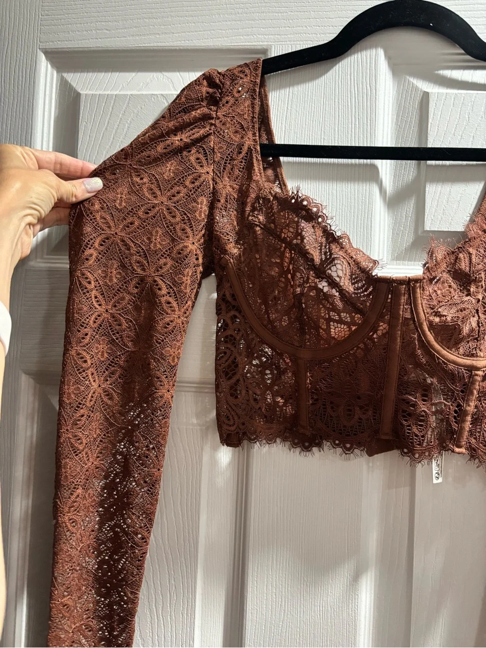 Free People Cropped Lace Long Sleeve Top in Rust Brown